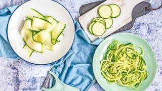 Zucchini slices and spirals on a plate
