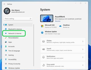 Windows 11 Settings menu with Network menu highlighted