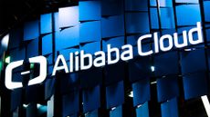 Alibaba Cloud logo and branding pictured on a vendor stall at the GSMA Mobile World Congress.