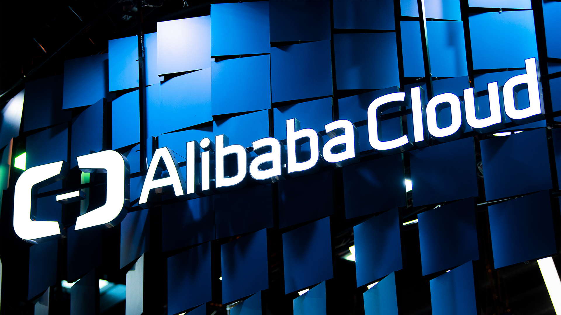 Alibaba Cloud logo and branding pictured on a vendor stall at the GSMA Mobile World Congress.