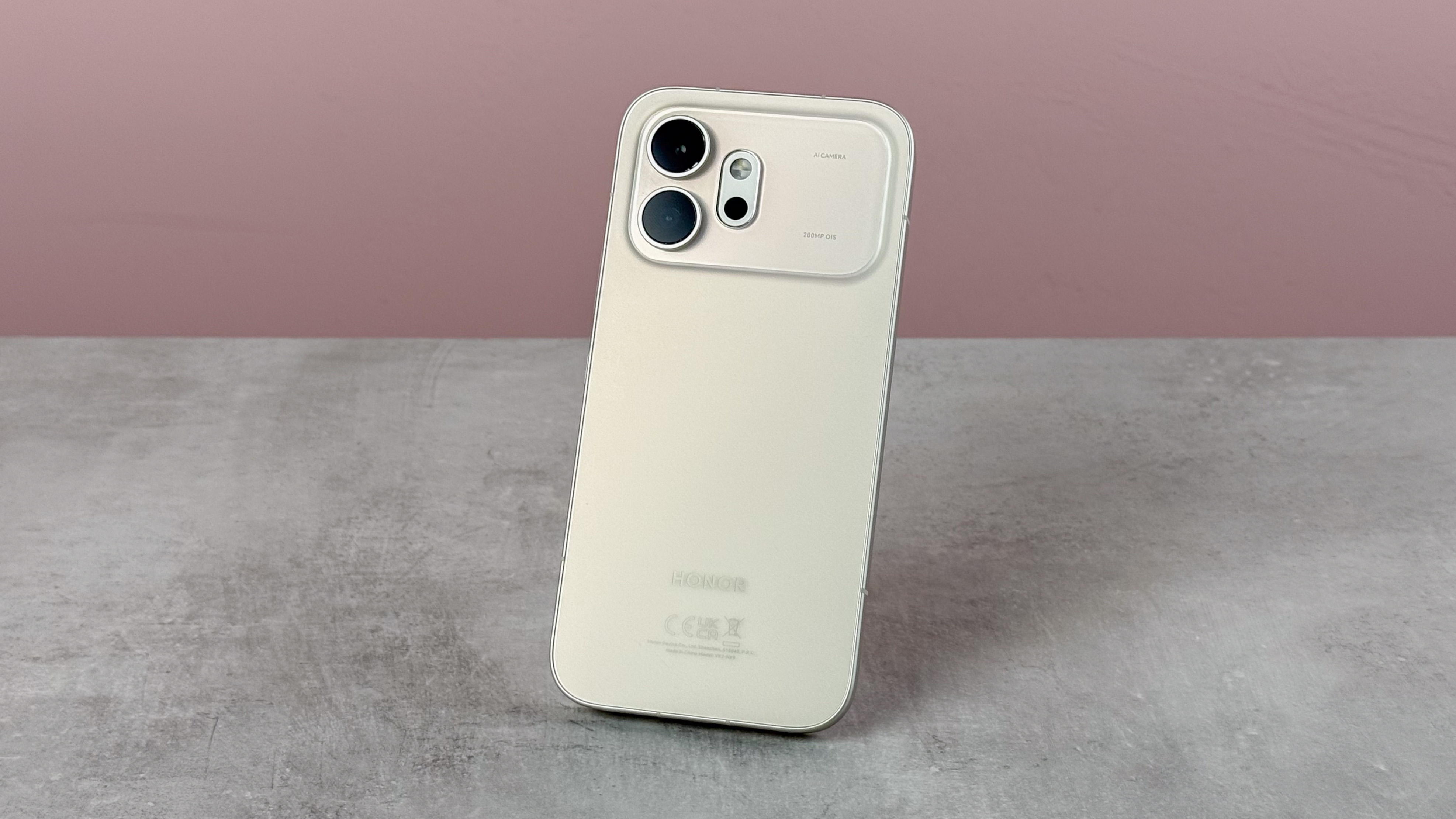 The rear of the Honor 600 at an angle showing the whole back and camera module.