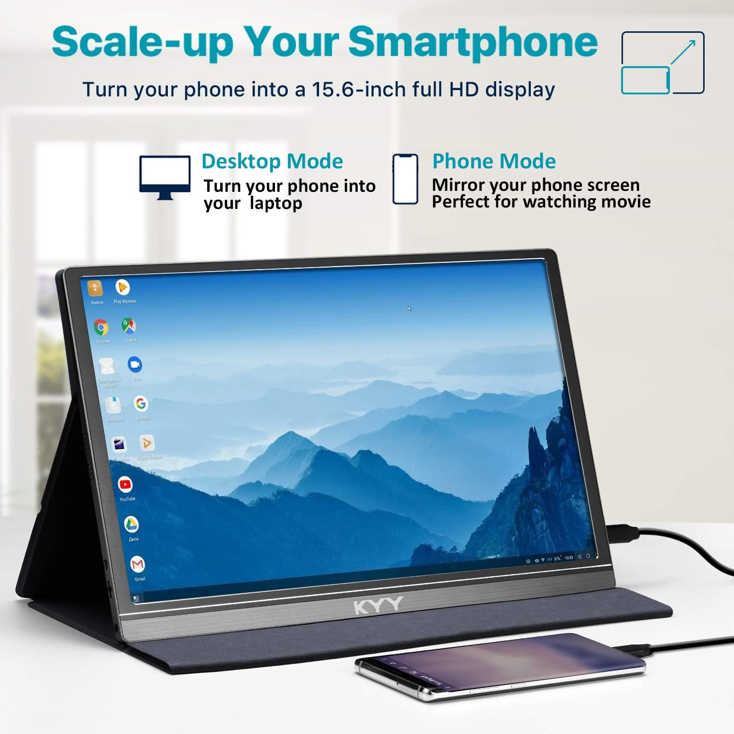 15.6-inch portable monitor displays a scenic mountain vista, connected to a smartphone. Text highlights "Scale-up Your Smartphone" with desktop and phone modes.