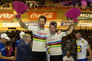 Bradley Wiggins and Mark Cavendish celebrate the 2016 Gent Six Day win