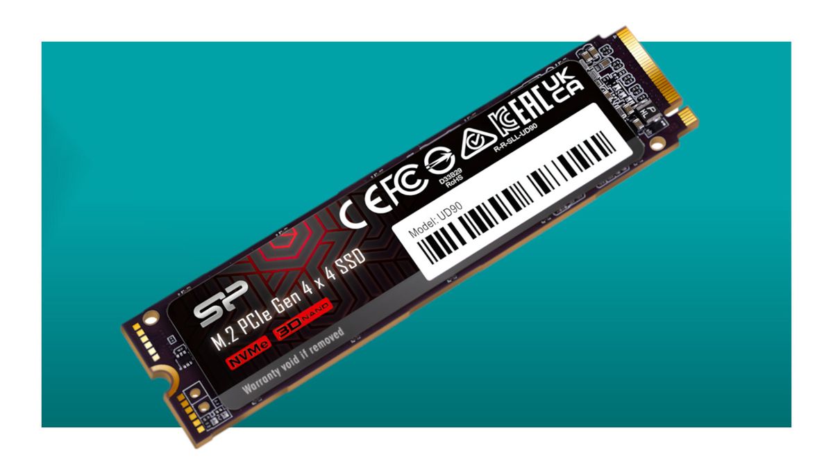 An image of a Silicon Power UD90 SSD against a teal background with a white border