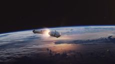 The Falcon 9 booster separates from the rocket's second stage in this still image from SpaceX's Demo-2 mission animation.