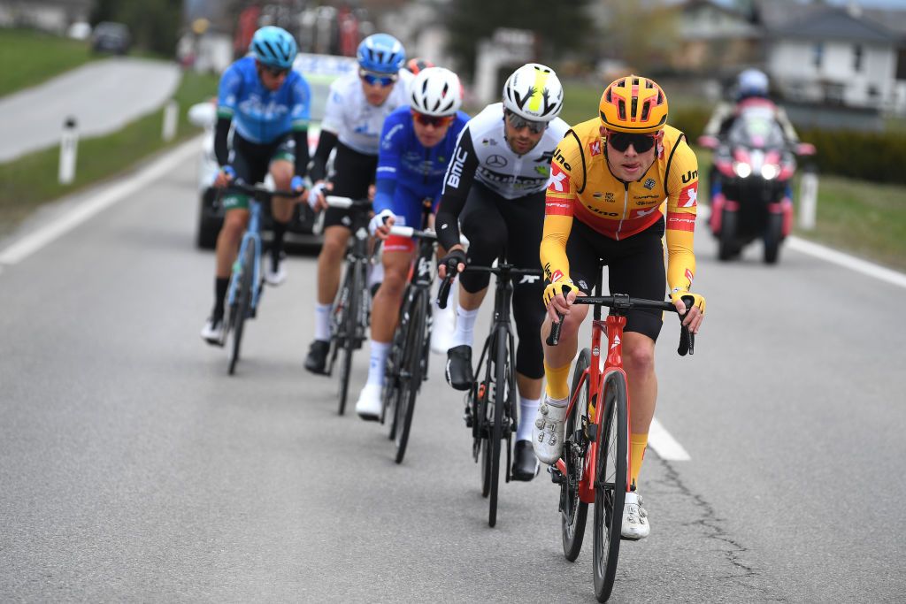 FEICHTEN IM KAUNERTAL AUSTRIA APRIL 20 Alexander Hulgaard Morten of Denmark and Uno X Pro Cycling Team the Breakaway during the 44th Tour of the Alps 2021 Stage 2 a 1215km stage from Innsbruck to Feichten im Kaunertal 1291m TourofTheAlps TouroftheAlps on April 20 2021 in Feichten im Kaunertal Austria Photo by Tim de WaeleGetty Images