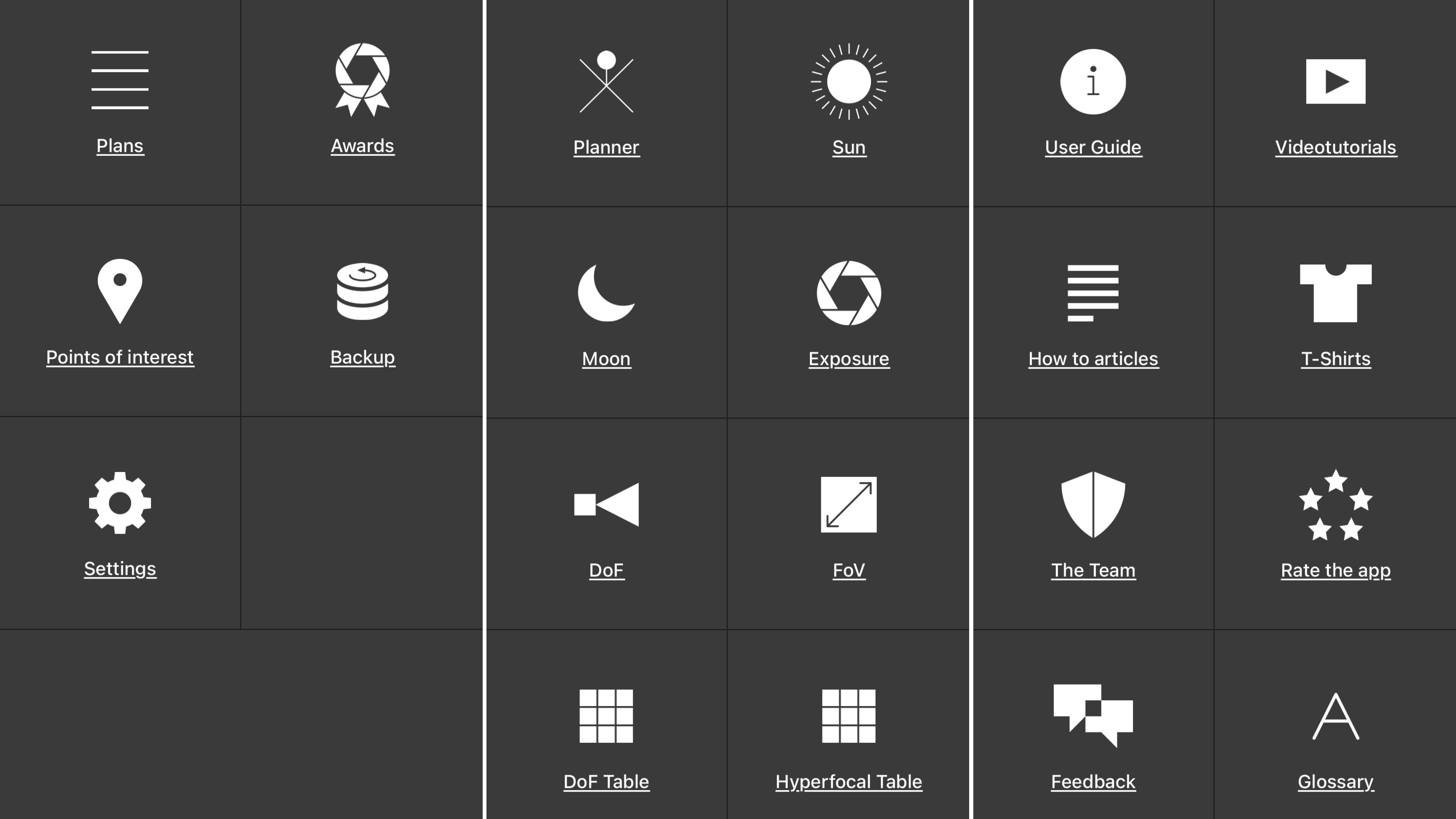 The main interface of the app showing a range of different icons on a black background