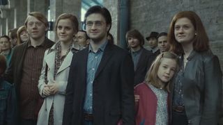 Ron (Rupert Grint), Hermione (Emma Watson), Harry (Daniel Radcliffe) and Ginny (Bonnie Wright) gather at platform 9 and 3/4 to send the next generation of witches and wizards to Hogwarts, in "The Deathly Hallows: Part 2" (Warner Bros. Pictures, 2011).