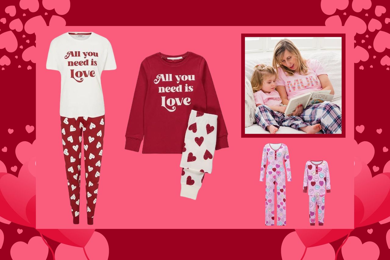 Collage showing mini me pyjamas for Valentine&#039;s Day