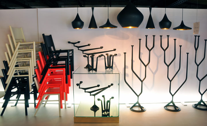 ﻿Tom Dixon: The ’Peg Chair Fluro’ stacks up nicely underneath the ’Bean Stout’ lights.