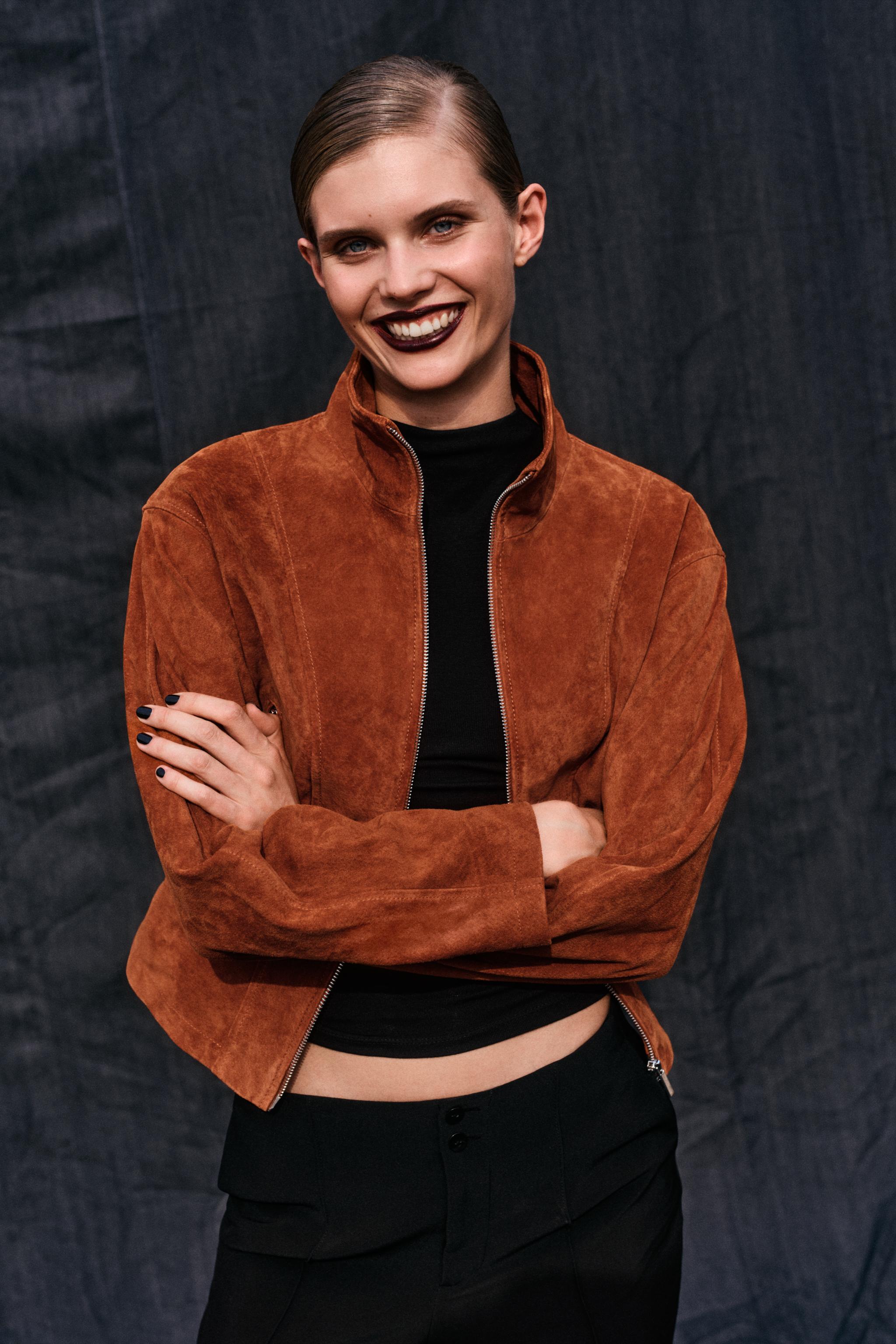 100% Leather High Collar Jacket - Orange - Xs