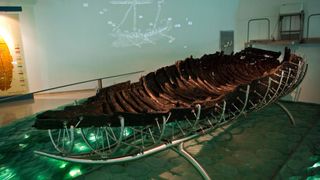 A photo of the Galilee boat in a museum