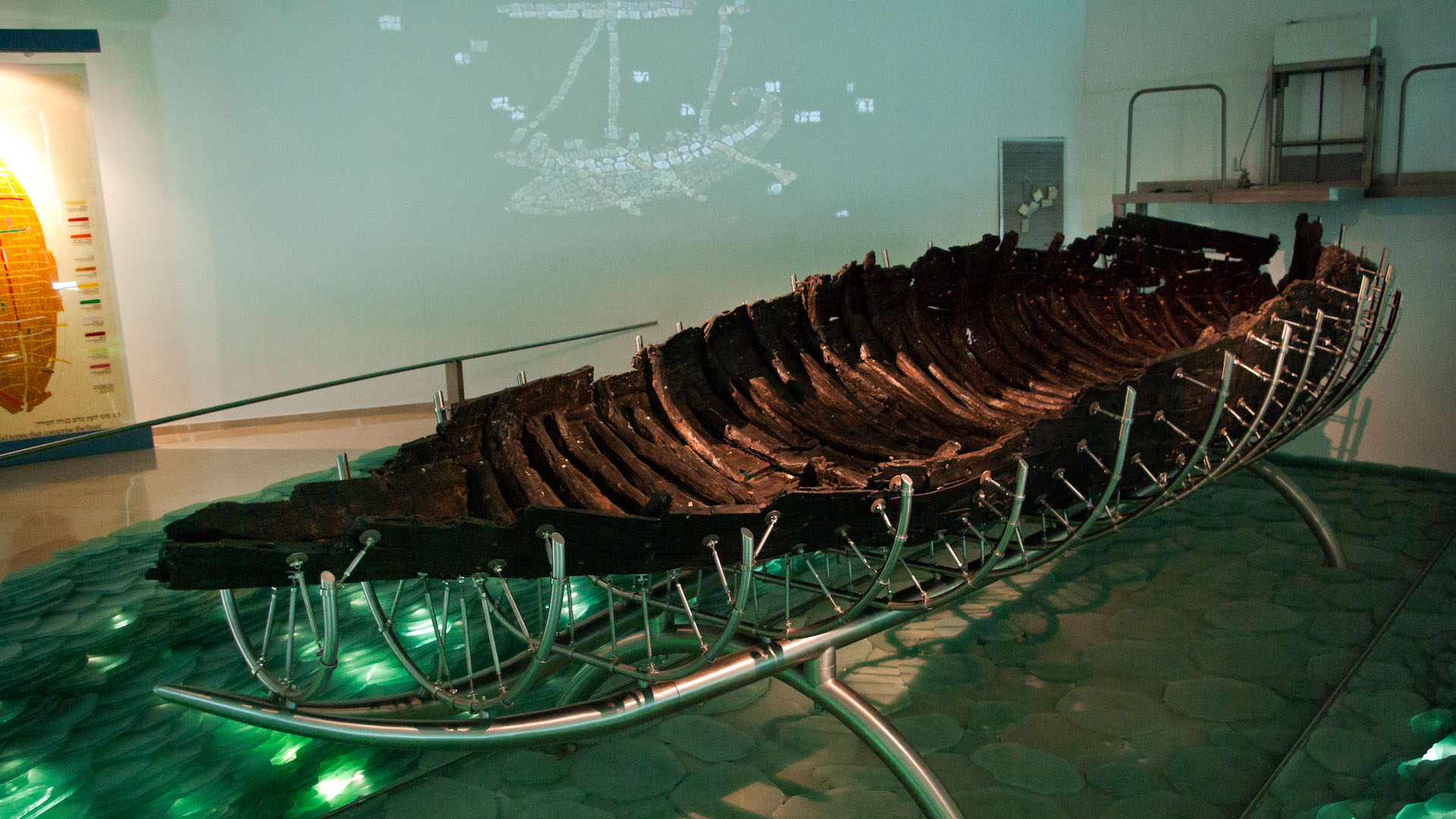 A photo of the Galilee boat in a museum