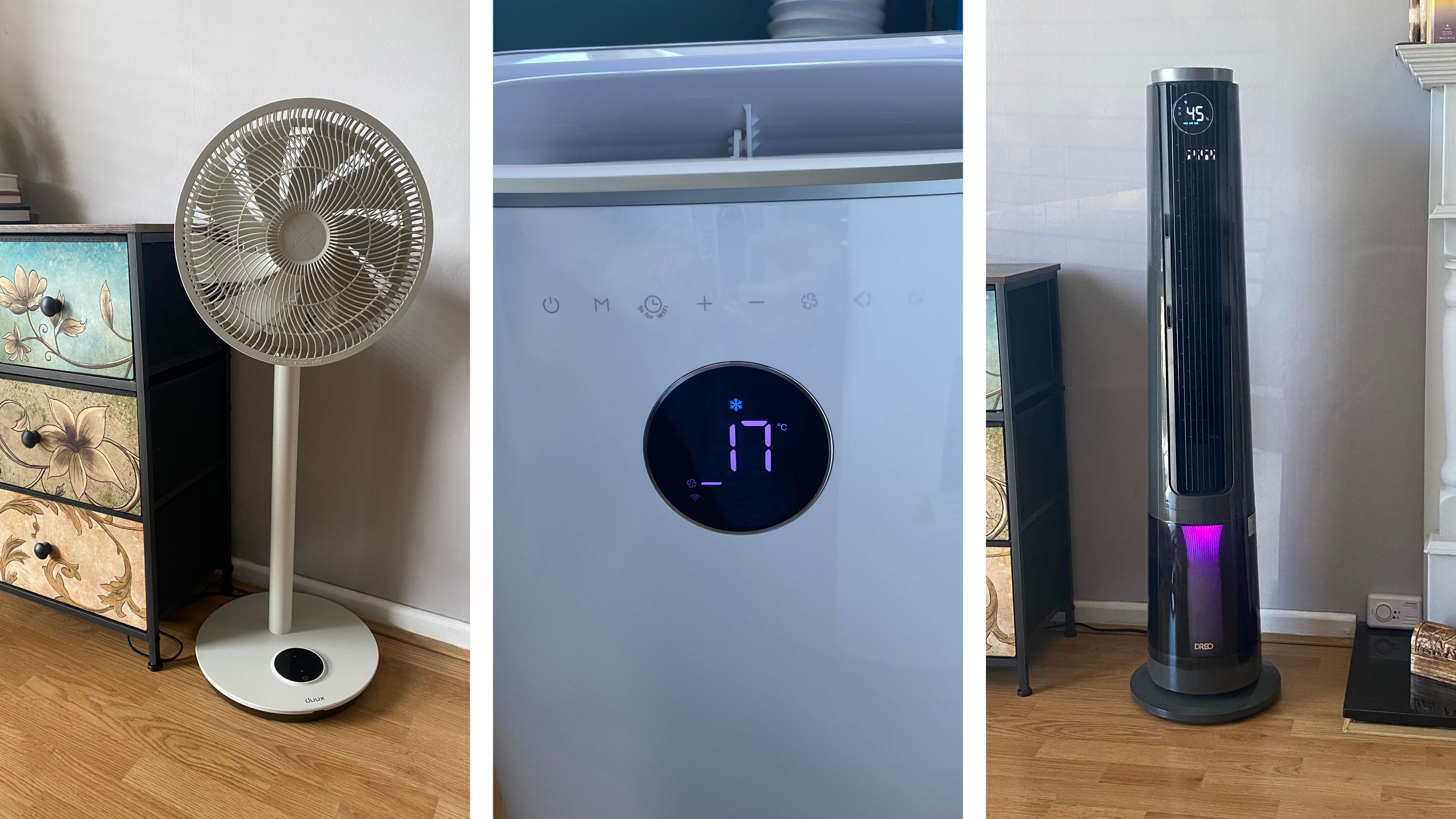 Spliced imaged showing a fan, portable air conditioner and a misting fan in my own home