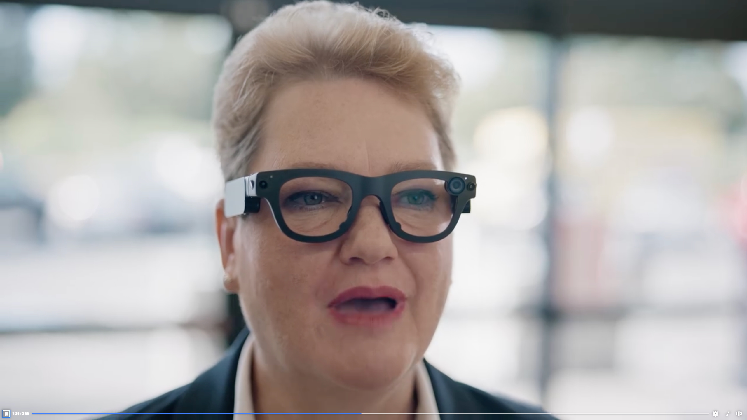 Still from a promotional video about Meta Project Aria Gen 2, showing a visually impaired woman saying 