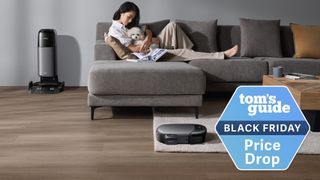 Eufy Omni S1 Pro in living room with woman and dog on couch