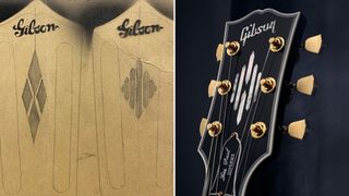 The 1940s Gibson headstock designs (left), the Gibson ES Supreme's unique headstock