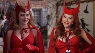 Elizabeth Olsen as the Scarlet Witch in WandaVision and Lisa Ann Walter as Mellissa Schemmenti dressed in a Scarlet Witch costume on Abbott Elementary.