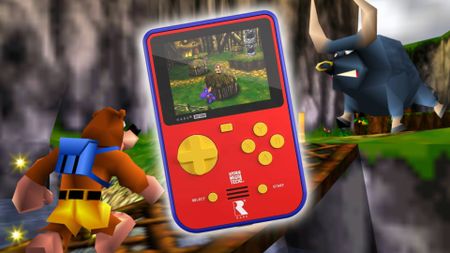 Super Pocket Rare Edition with Banjo-Kazooie gameplay in backdrop featuring Banjo crossing a bridge with bull at other end.