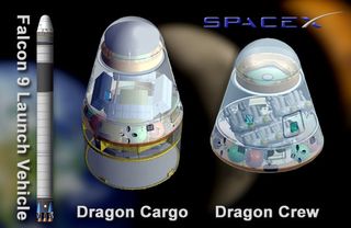 Artist's concept of SpaceX's Falcon 9 laubch vehicle & Dragon crew & Cargo capsules.