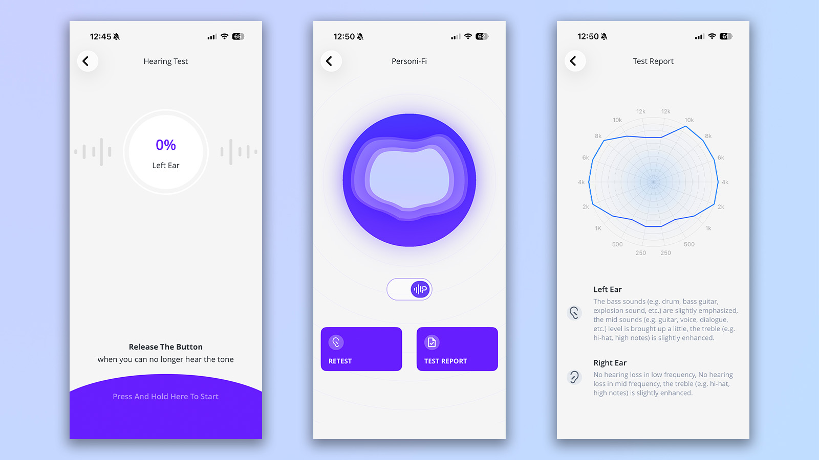 three screenshots from the jbl headphones app showing the personifi hearing test