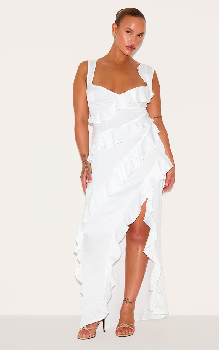 Plus White Satin Frill Layered Maxi Dress