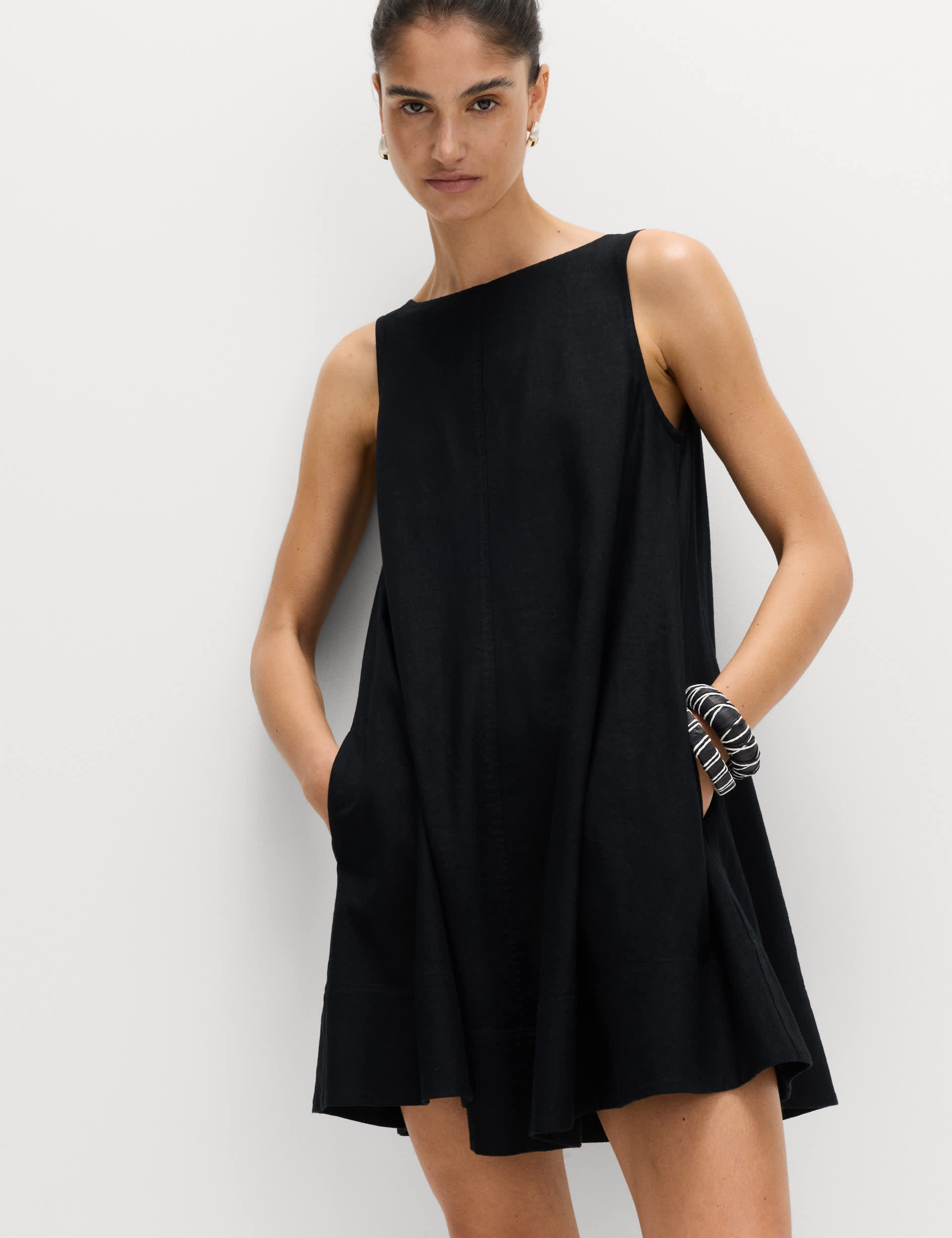 Linen Rich Scoop Neck Mini Swing Dress