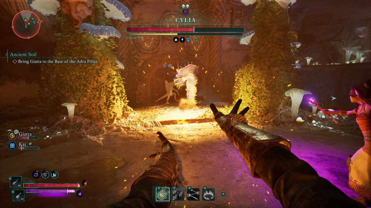 Casting a fireball at a mushroom creature in Avowed.