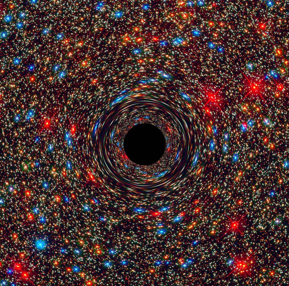 A computer-simulation view of a supermassive black hole at the heart of a galaxy. The edge of the black central region represents the event horizon, beyond which no light can escape.