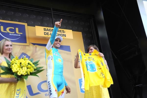 Alberto Contador (Astana) celebrates atop the podium