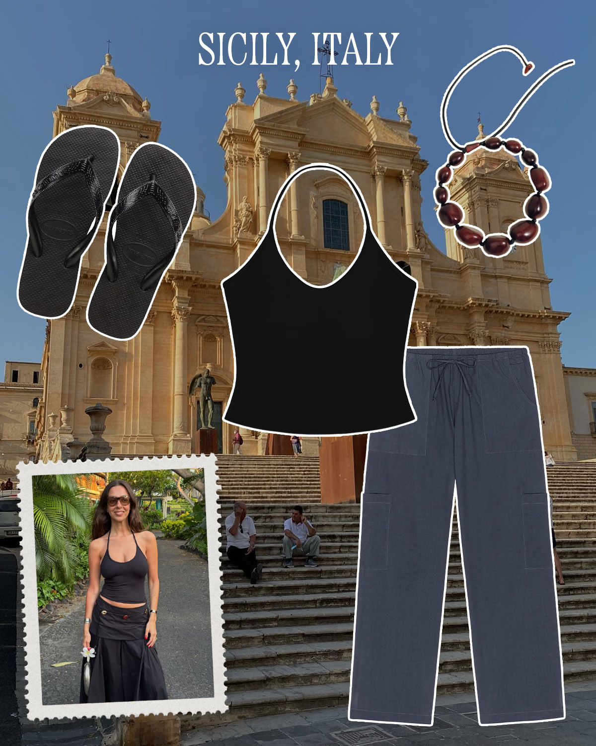 a collage of stylist and tastemaker outfits with vacation destination imagery and products featuring what to pack there