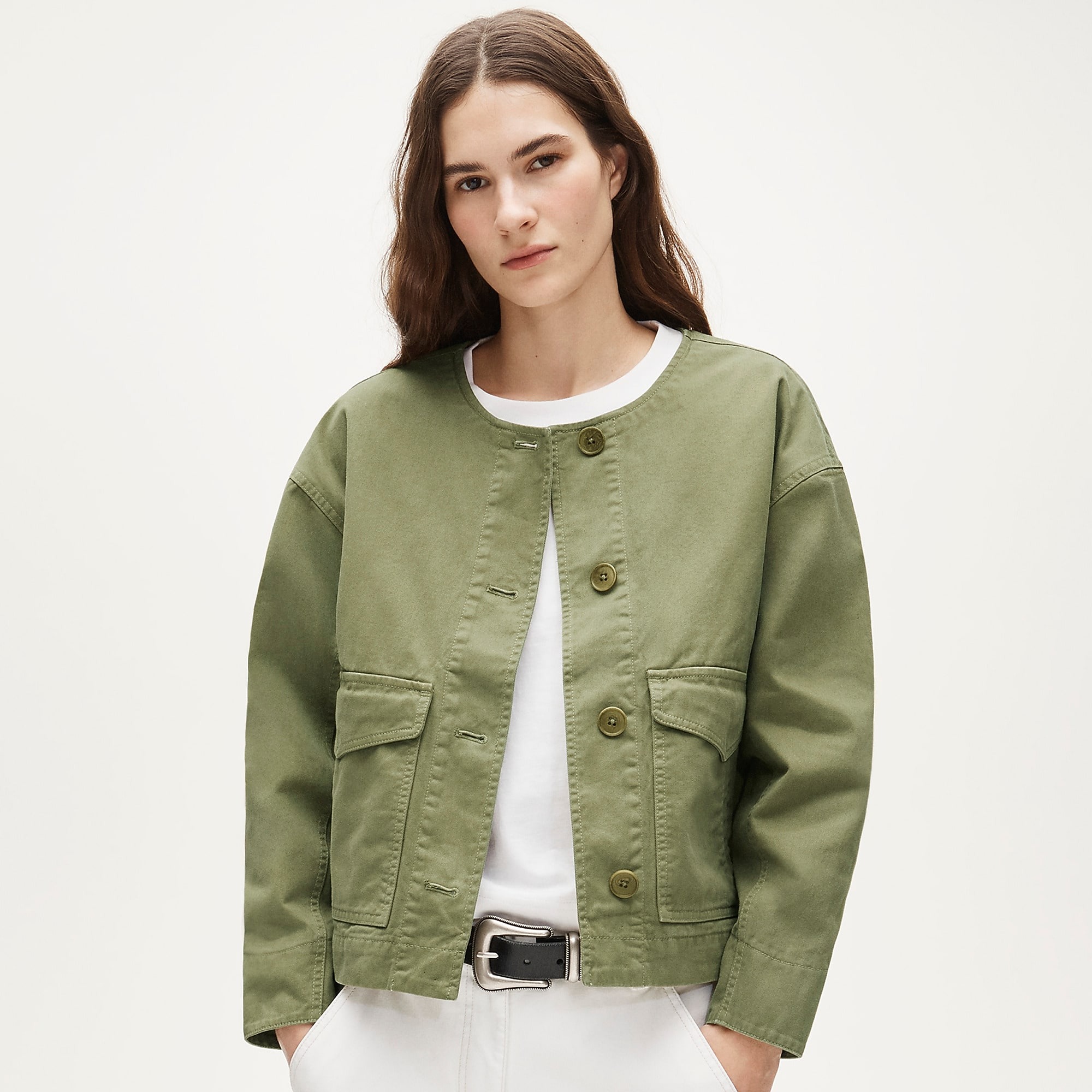 J.Crew, Collarless Utility Jacket in Brushed Cotton Twill