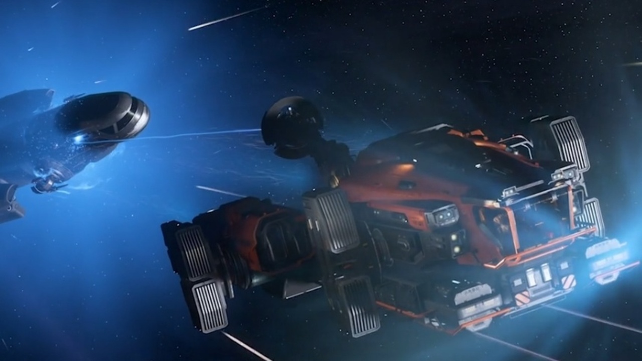 Screenshot from Star Citizen showing a pair of spaceships flying through the void.