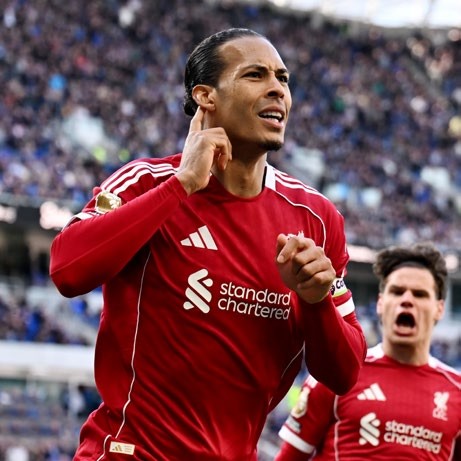 Virgil van Dijk of Liverpool celebrates scoring his team's second goal during the Premier League match between Everton and Liverpool. (Photo by Liverpool FC/Liverpool FC via Getty Images)