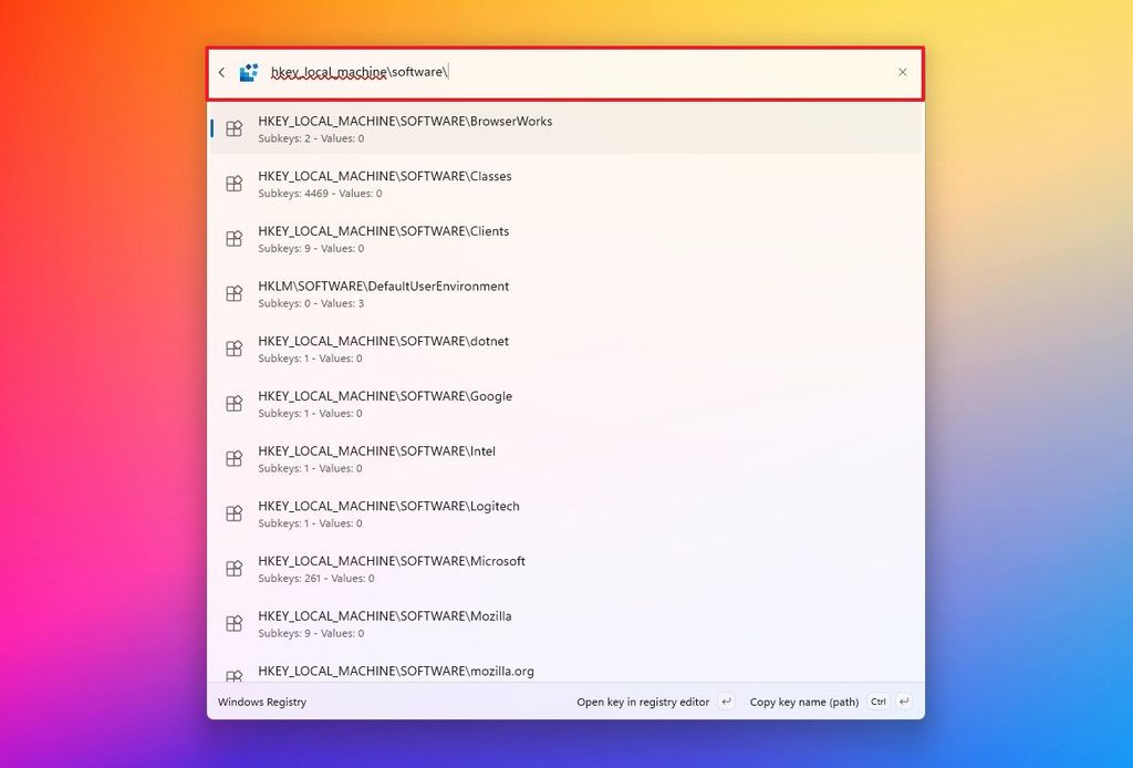 Command Palette Registry search