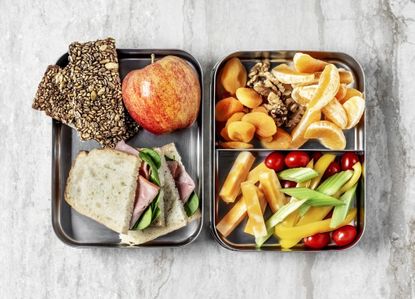 Packed lunch box with sandwich cereal bar fruits like satsuma and apple nuts and dried apricots