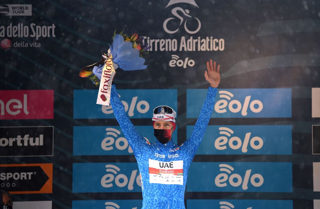 CASTELFIDARDO ITALY MARCH 14 Podium Tadej Pogacar of Slovenia and UAE Team Emirates Blue Leader Jersey Celebration during the 56th TirrenoAdriatico 2021 Stage 5 a 205km stage from Castellalto to Castelfidardo 175m Mask Covid Safety Measures TirrenoAdriatico on March 14 2021 in Castelfidardo Italy Photo by Tim de WaeleGetty Images