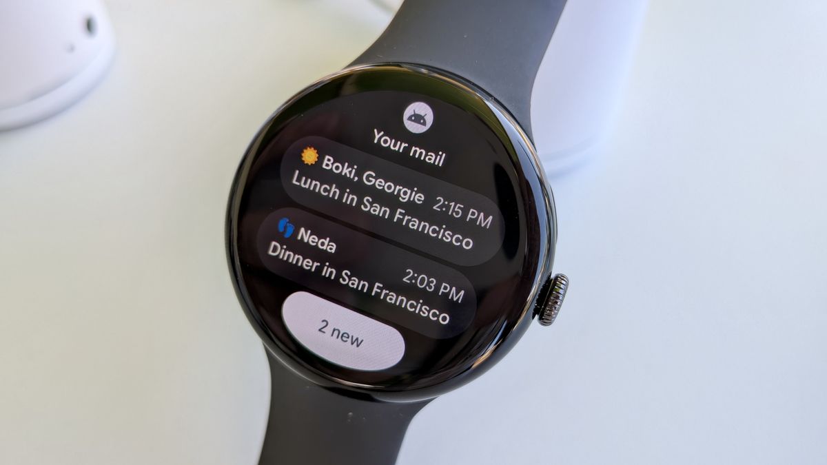 The new Gmail tile for "Your mail" on Wear OS 6 on the Pixel Watch 3, showing two emails about lunch and dinner from different contacts.