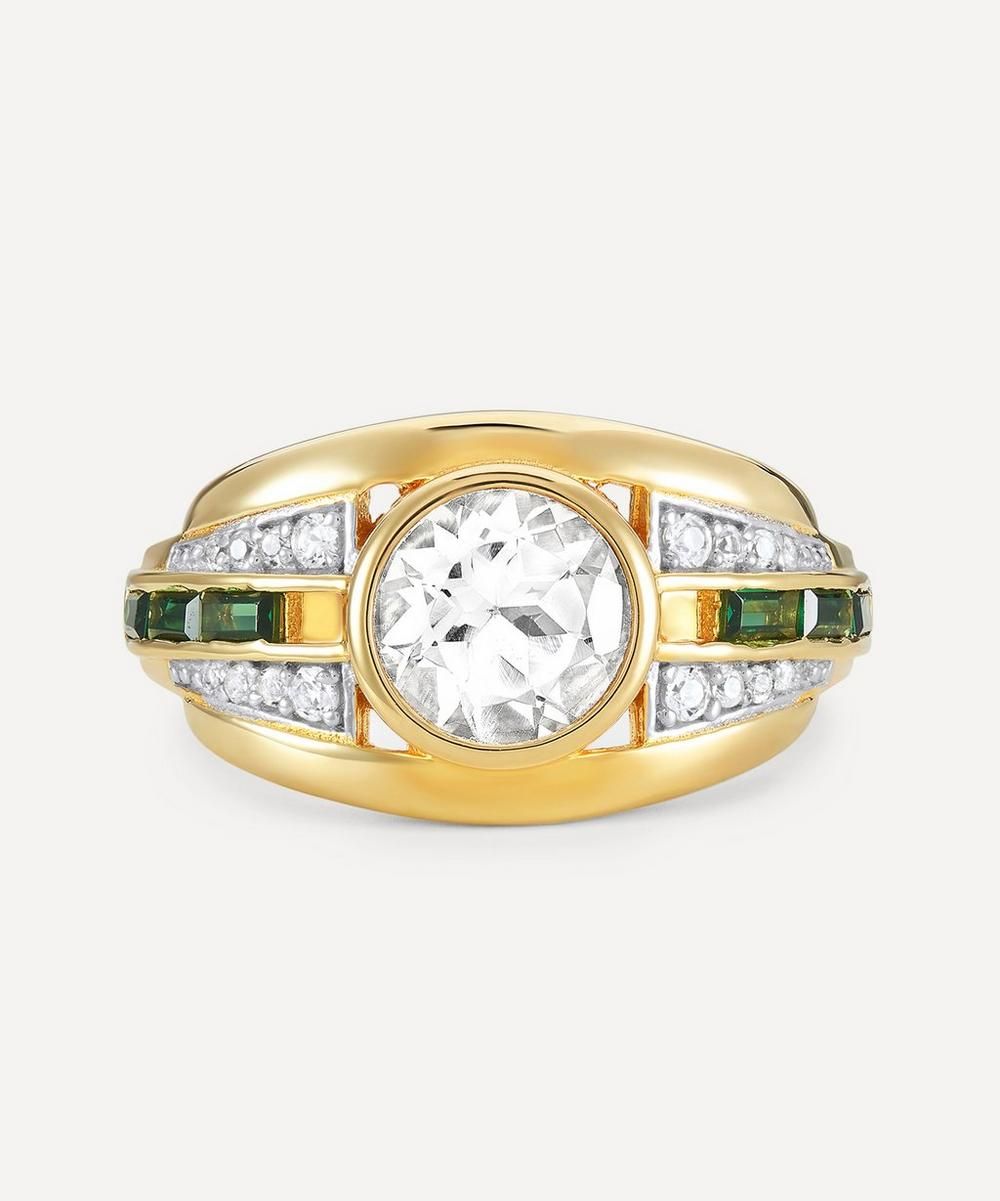 18ct Gold-Plated Vermeil Silver Olive White Topaz and Green Stone Bombe Ring