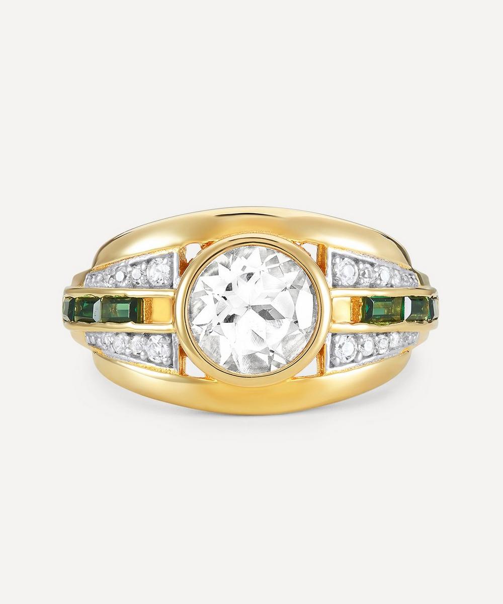 18ct Gold-Plated Vermeil Silver Olive White Topaz and Green Stone Bombe Ring