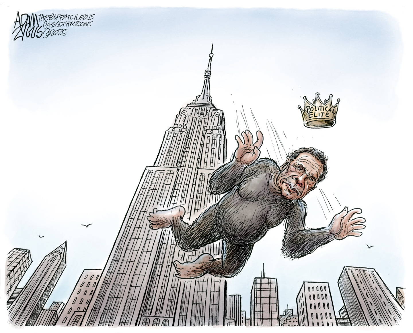 This cartoon is drawn from the perspective of a person on the sidewalk in New York City near the Empire State Building, which looms in the background. A figure that looks like King Kong with Andrew Cuomo&amp;rsquo;s head is falling from the building and has lost his crown, which is labeled &amp;ldquo;Political Elite.&amp;rdquo;