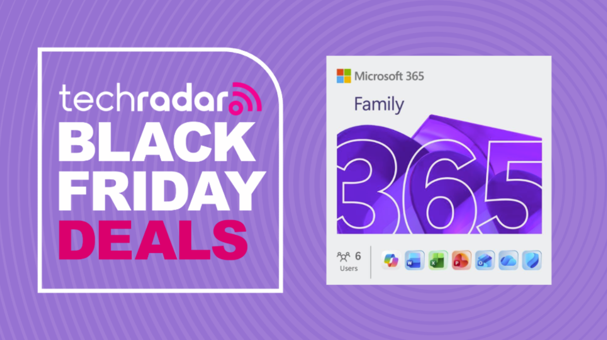 A Microsoft 365 Family logo on a purple background next to a TechRadar badge reading 'Black Friday deals'