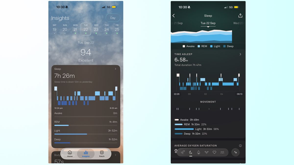 On the left, a screenshot of the sleep tracking in the Orion app. On the right, a screenshot of the sleep tracking in the Oura Ring app