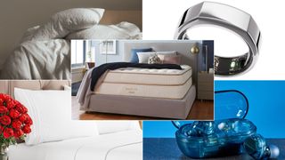 A composite image of the Saatva Classic mattress, Coop Home Adjustable Pillow, Oura Ring Generation 3 Heritage, CGJ Sheet set and Sony WF-C710N earbuds