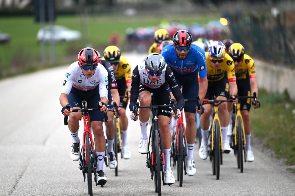 FOLIGNO ITALY MARCH 08 Magnus Sheffield of The United States and Team INEOS Grenadiers White Best Young Rider Jersey and Brandon McNulty of The United States and UAE Team Emirates compete in echelons formation due to crosswind during the 58th TirrenoAdriatico 2023 Stage 3 a 216km stage from Follonica to Foligno 231m UCIWT TirrenoAdriatico on March 08 2023 in Foligno Italy Photo by Tim de WaeleGetty Images