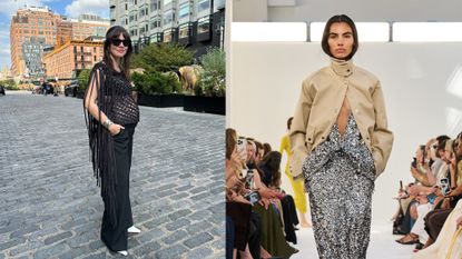 a collage of two images: Kat Collings wearing a crochet Diotima top and black trousers on the right and a runway image from Brandon Maxwell&#039;s spring/summer 2025 collection on the left