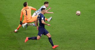 ITV pundits Roy Keane, Ian Wright and Gary Neville are incensed about Argentina's penalty: Dominik Livakovic of Croatia fouls Julian Alvarez of Argentina in the box which leads to a penalty during the FIFA World Cup Qatar 2022 semi final match between Argentina and Croatia at Lusail Stadium on December 13, 2022 in Lusail City, Qatar.