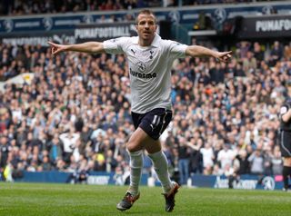 Rafael van der Vaart celebrates after scoring for Tottenham against Blackburn Rovers, 2012