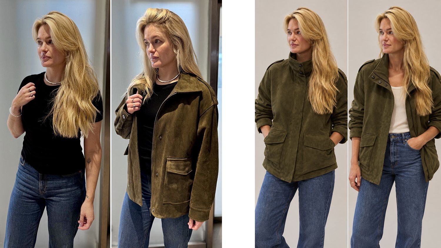 A photo of Becca looking away from the camera and then wearing a jacket side by side with ChatGPT's interpretation of the same jacket.