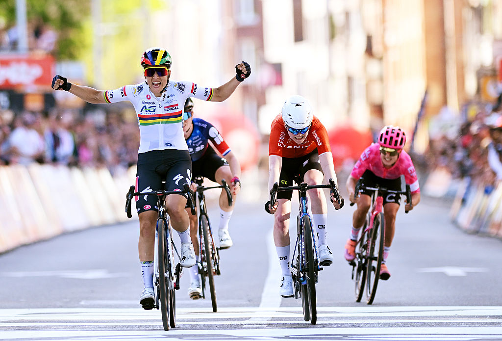 LIEGE, BELGIUM - APRIL 27: A general view of Kim Le Court of Mauritius and AG Insurance-Soudal Team celebrates at finish line as race winner ahead of Puck Pieterse of Netherlands and Team Fenix-Deceuninck, Demi Vollering of Netherlands and Team FDJ-Suez and Cedrine Kerbaol of France and Team EF Education-Oatly during the 9th Liege - Bastogne - Liege Femmes 2025 a 152.9km one day race from Bastogne to Liege / #UCIWWT / on April 27, 2025 in Liege, Belgium. (Photo by Dario Belingheri/Getty Images)